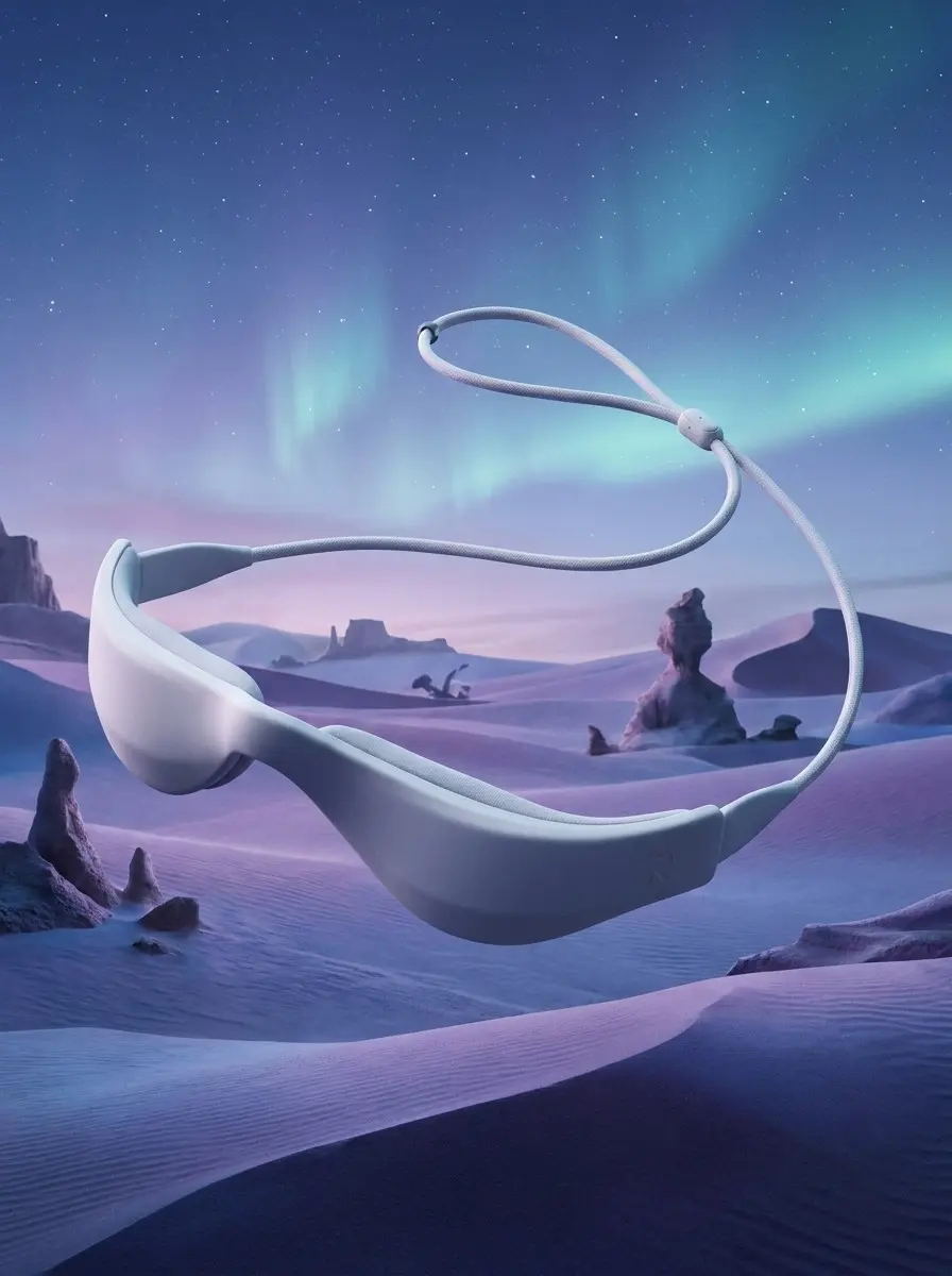 The device above pale dunes under an aurora.