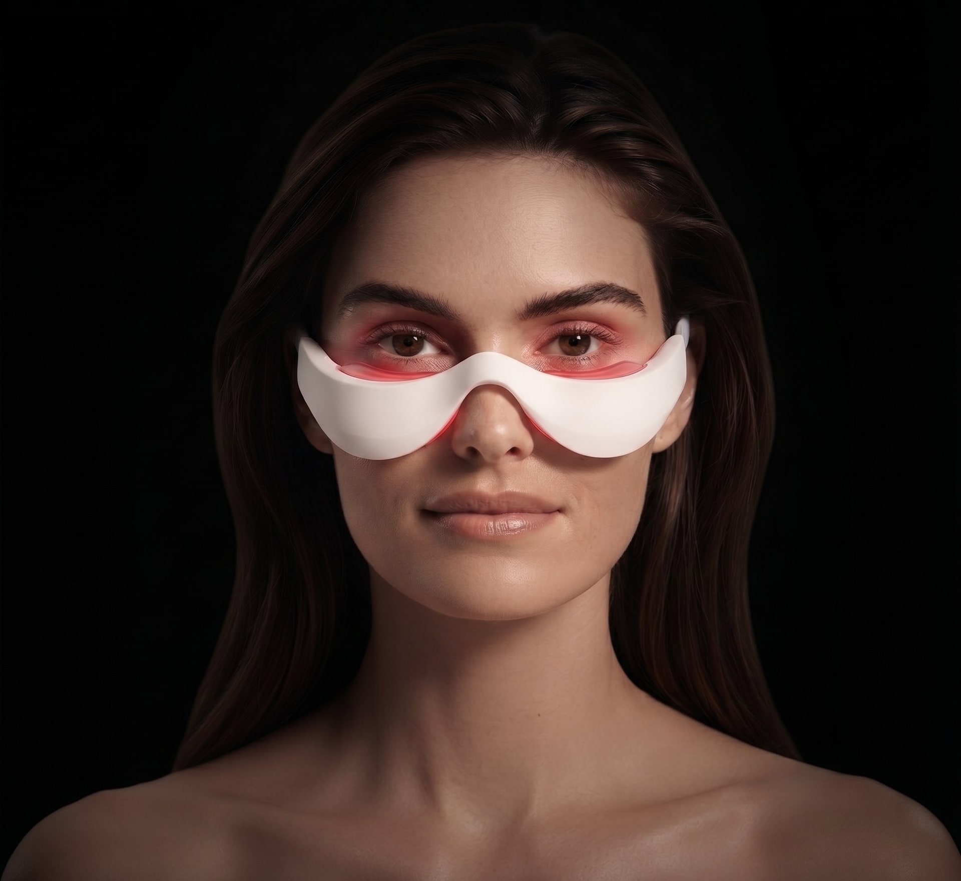 A model wearing the device, the panels glowing warm red under the eyes.